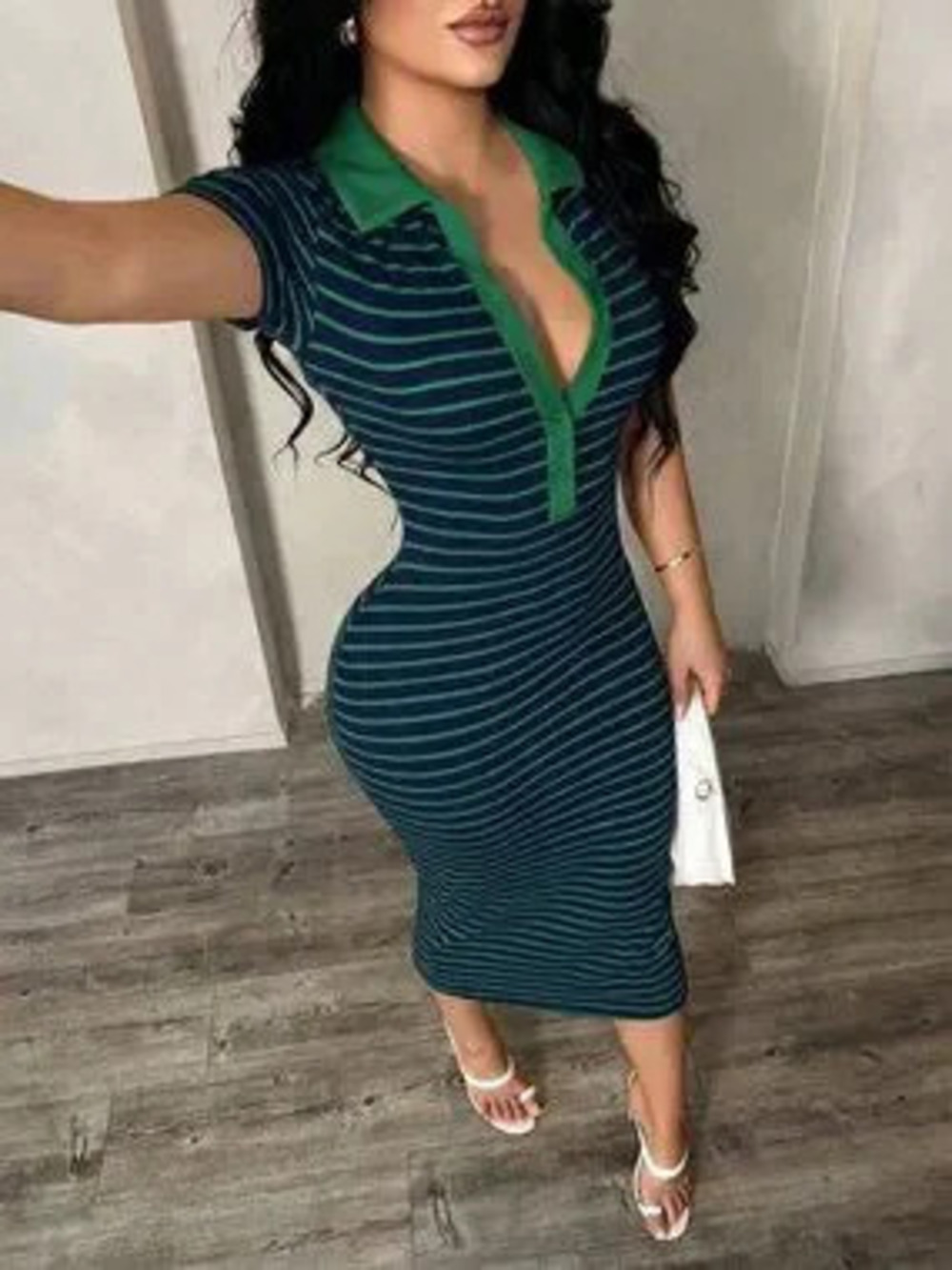 Green Casual Women's Minimalist Style Short Sleeve & Striped Polo midi Dress